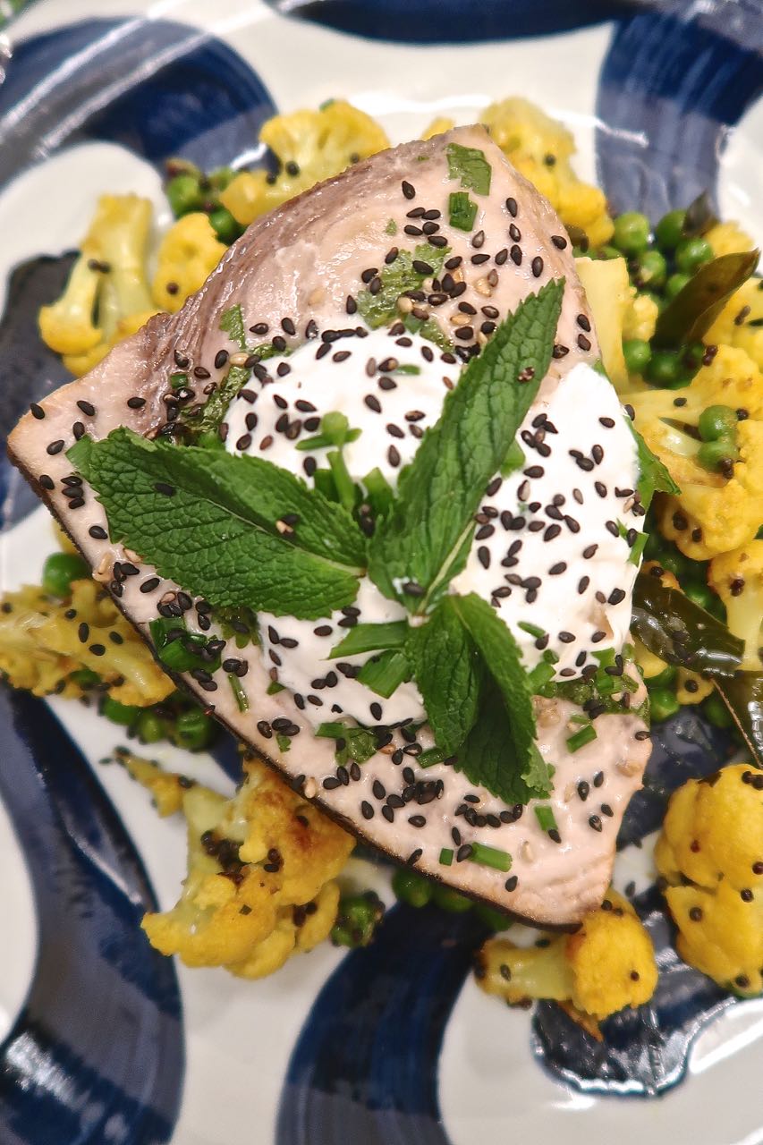 Scrumpdillyicious Swordfish with Gobi Matar Indian Cauliflower & Peas