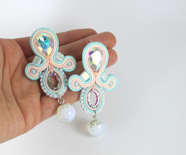 Pastels Soutache earrings,very elegant for wedding. Dangle Opals.