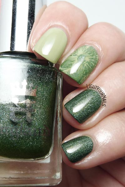 Green skittlette manicure feat. Essie, A-England and MoYou Nails