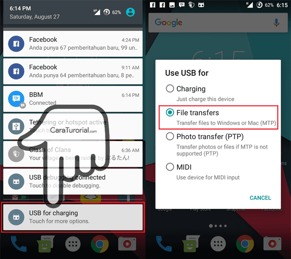 Setting File Transfers MTP Android