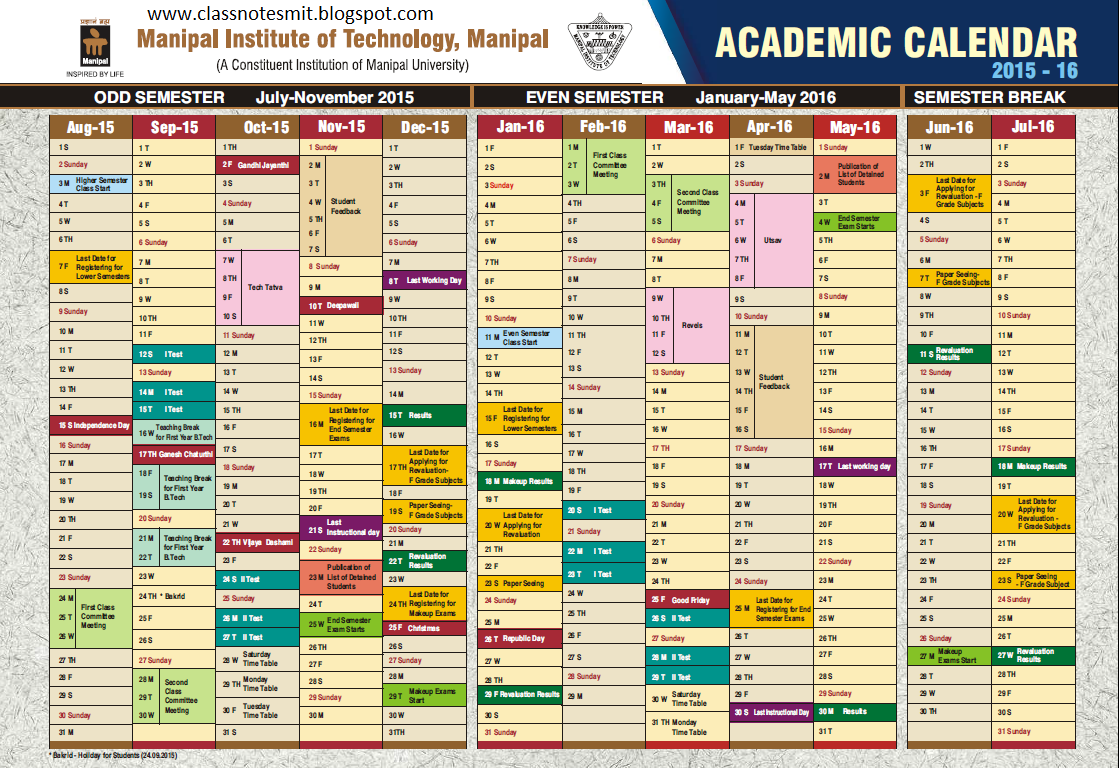 Class Notes Manipal Institute of Technology Academic Calendar 20152016