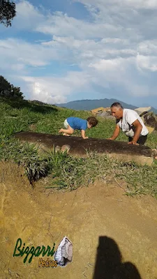 Bizzarri, com o neto, fazendo o que mais gosta, garimpando pedras para fazer as construções com pedras. Na foto garimpando pedras para execução de ponte de pedra e pedras para paisagismo. Na foto uma pedra ornamental de 2,30 m de comprimento por média de 1,00 m de largura por 20 cm de espessura. Gosto de garimpar esses pedras ornamentais pois já vou imaginando elas em cada trabalho com pedra que vou executando.