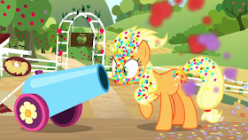 Applejack covered in confetti from Pinkie's cannon after a misfired. On AJ's farm.