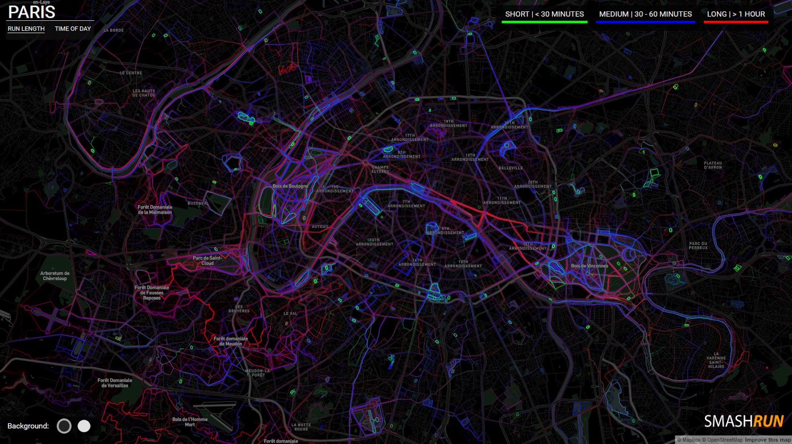 30,000 Paris runs by distance, time & day of week
