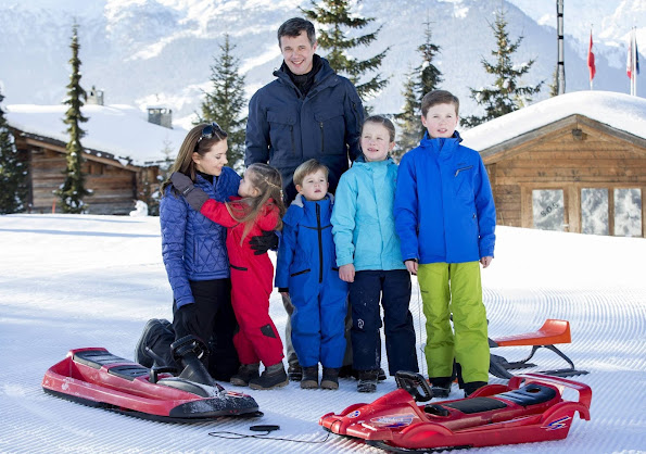 Princess Mary of Denmark, Princess Josephine of Denmark, Crown Prince Frederik of Denmark, Prince Vincent of Denmark, Princess Isabella of Denmark and Prince Christian of Denmark pose as the Danish Royal family hold their annual skiing photocall whilst on holiday