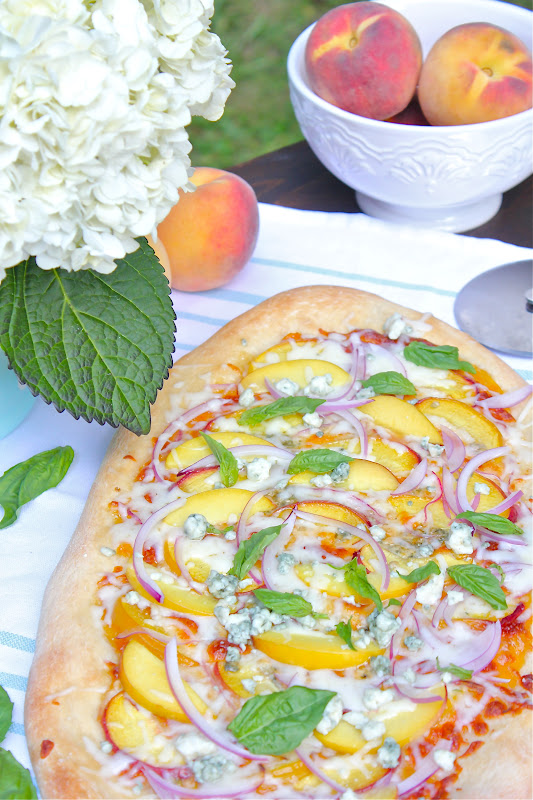 ValSoCal Peach Pizza with Basil and Blue Cheese