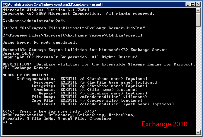 ESEUTIL Microsoft Exchange 2010.