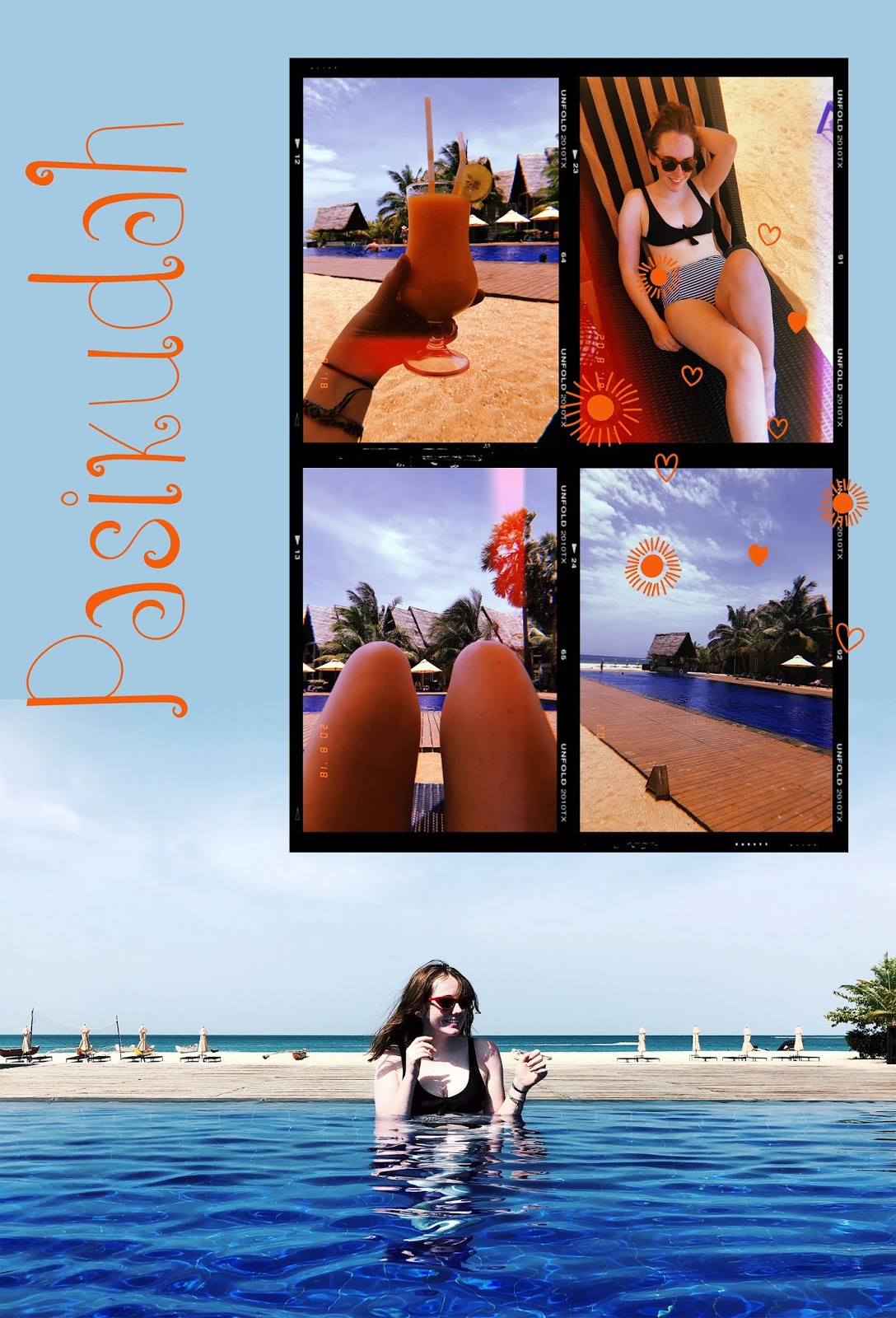 collage of passikudah holiday photos, including mango juice poolside, sunbathing on the beach and pool views