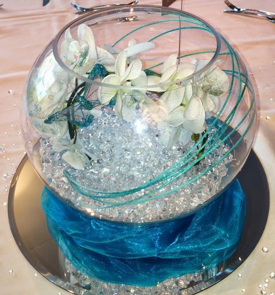 wedding table decoration with fish bowl containing aqua crystals, ribbons, beads wedding table decoration with fish bowl containing aqua crystals, ribbons, beads