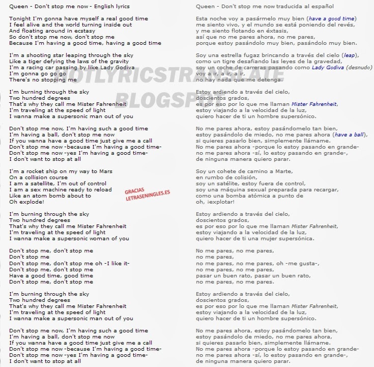 TOP LYRICS TRANSLATED CANCIONES TOP TRADUCIDAS Queen Don’t Stop Me