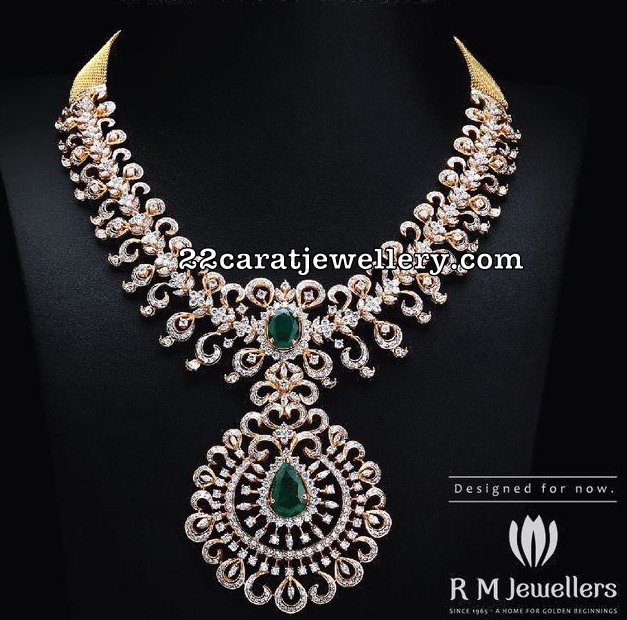 Diamond Necklace Peacock Jhumkas by RM Jewels - Jewellery Designs