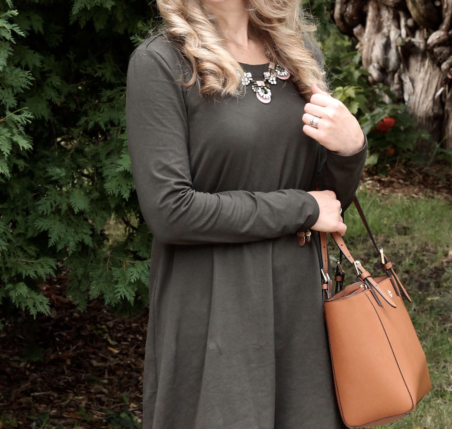 Olive swing dress, blush lace up flats, statement necklace, Tory Burch tote