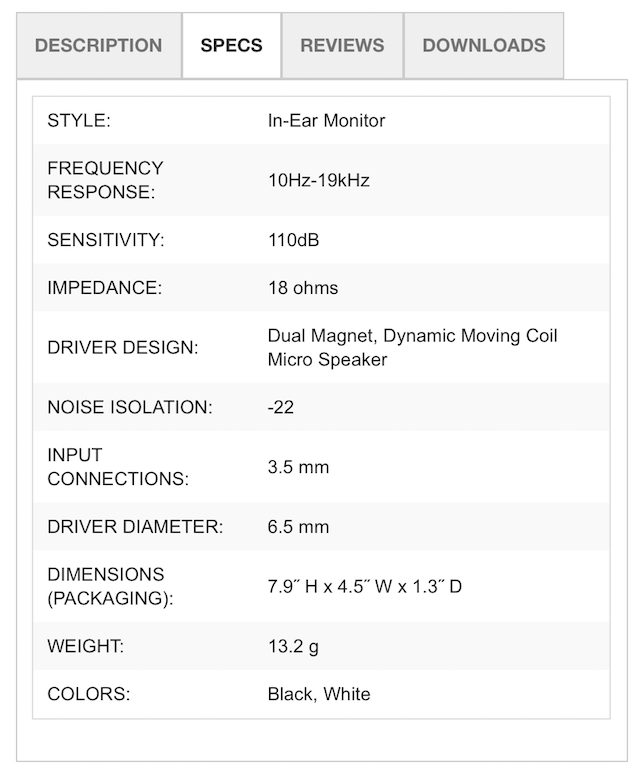 Technical specifications of the Klipsch R6i In-Ear Headphones