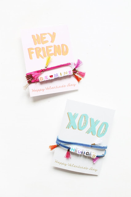 Use colorful letter beads to make personalized bracelet Valentines for friends and classmates.