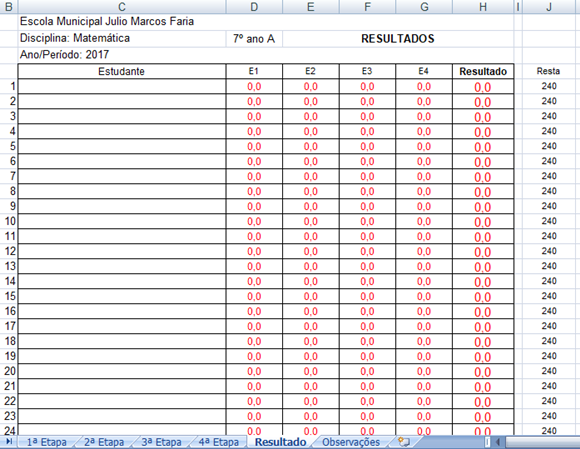 Diário de Classe - Versão em Excel com notas por etapas e resultados finais