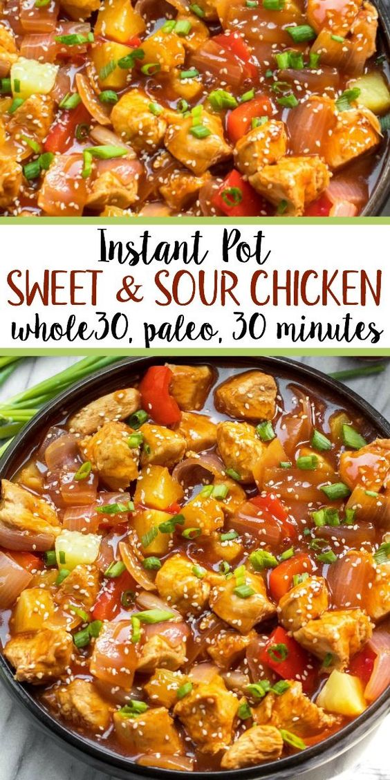 Whole30 instant pot sweet and sour chicken is so easy and so quick to make, and there's skillet instructions too! It's completely Paleo, sugar free, gluten free, and made in less 30 minutes. The simplicity of this recipe makes it perfect for a weeknight meal that's family friendly, or for Whole30 meal prep. #whole30instantpot #instantpotsweetandsour #sweetandsourchicken #whole30chicken #paleoinstantpot