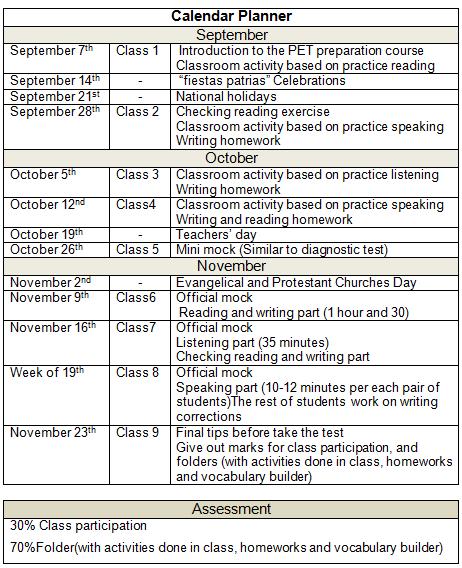 PET Exam Preparation : Calendar Planner