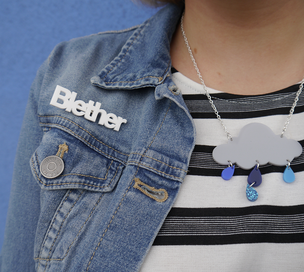 bonnie bling blether brooch as denim jacket pin #pingame, acrylic jewellery, bonnie bling blether brooch, quirky fashion, sugar and vice rainy days necklace, Edinburgh blogger, UK blogger, fashion blogger, Wardrobe Conversations, photoshoot in Edinburgh, Edinburgh fashion