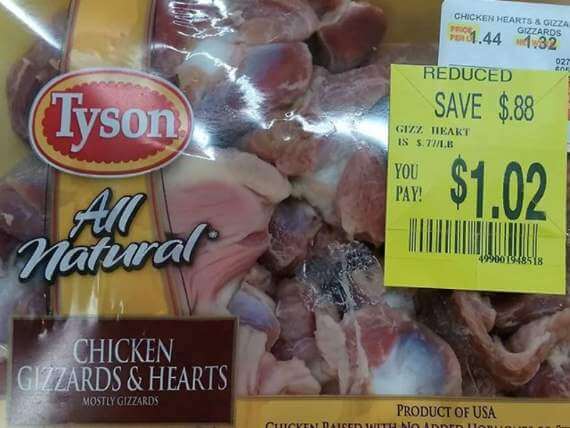 Tyson chicken gizzards and hearts at Walmart on clearance for $0.88 per pound