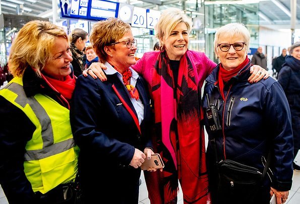 Princess Laurentien attended the Valentine's Day event at Utrecht Centraal railway station in Oudegracht. red print pantsuits