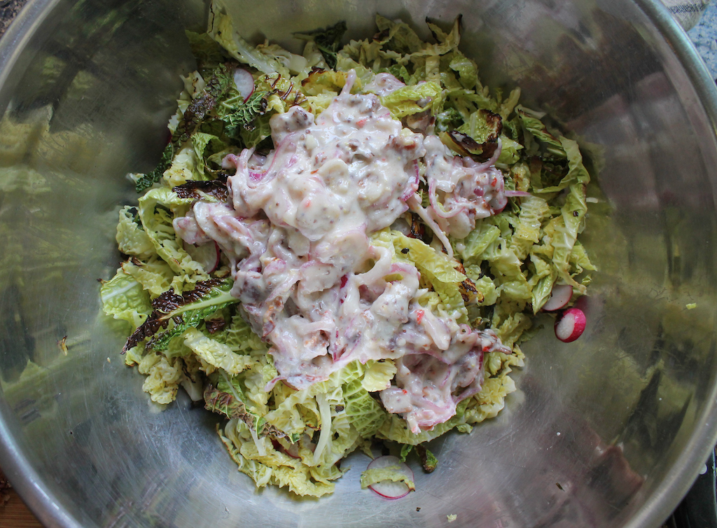 Food Lust People Love Roasted Savoy Cabbage Slaw with Spicy Bacon Dressing