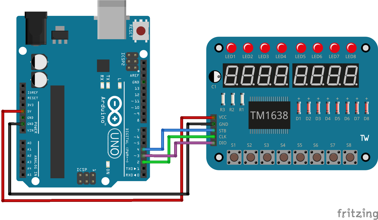 Électronique en amateur: Afficheur 8 chiffres, 8 LEDs, 8 boutons TM1638 et  Arduino