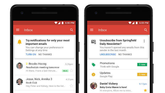 Twee telefoons die Gmail-suggesties weergeven, zoals het inschakelen van meldingen of het afmelden voor een nieuwsbrief.