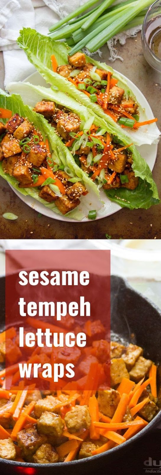Crunchy romaine leaves are stuffed with pan-fried tempeh cubes in a savory sesame ginger sauce to make these healthy Asian-inspired vegan lettuce wraps. #vegan #veganfood #veganrecipes #vegetarian #vegetarianrecipes #meatlessmonday #tempeh #healthyrecipes #glutenfree