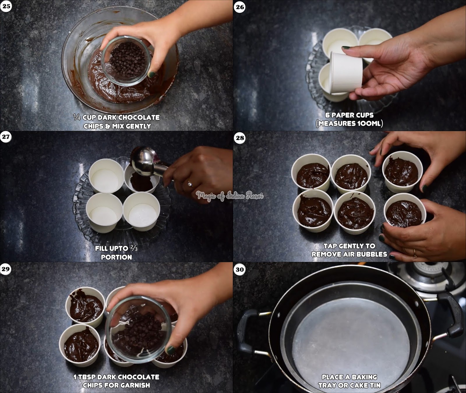 Double Chocolate Chips Cupcakes (Eggless) in Paper Cups & without Oven Recipe - पेपर कप और कड़ाई में बनाये एग्ग्लेस चॉकलेट चिप्स कपकेक्स  - Priya R - Magic of Indian Rasoi