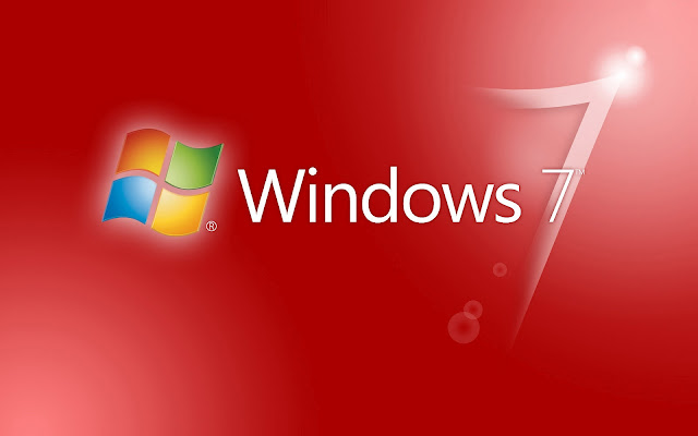 Rode Windows 7 wallpaper met witte letters en logo in verschillende kleuren