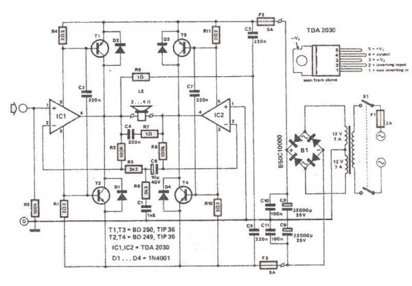 200 Watt Amplifier Circuit Diagram using TDA2030 | Electronic Circuits