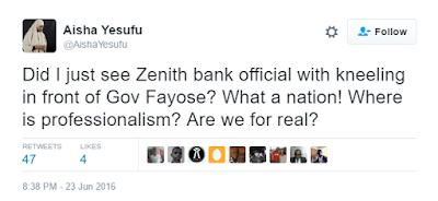 3 Nigerian twitter users react to photos of a Zenith Bank staff kneeling before Fayose