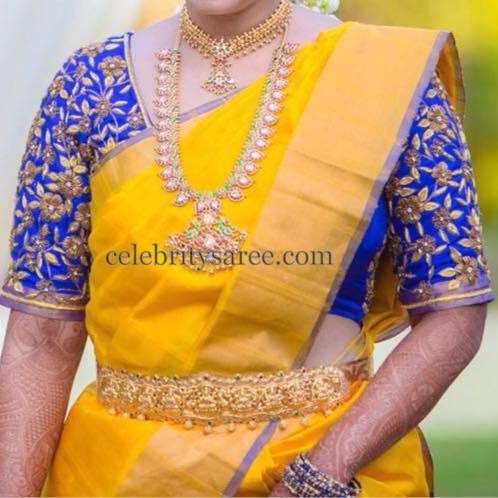 Yellow saree with blue blouse design Clearance