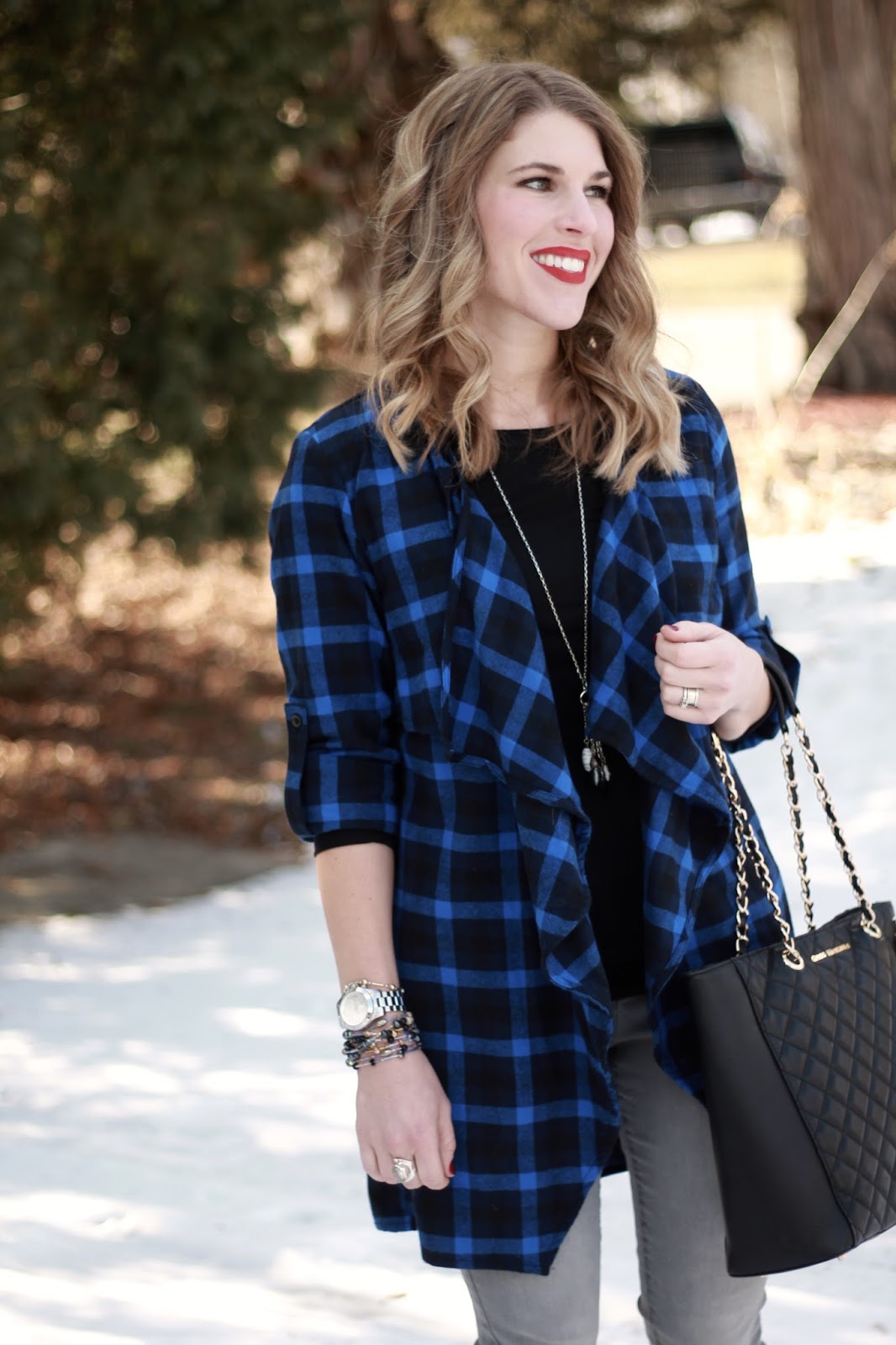 Blue Plaid Waterfall Cardigan - I do deClaire