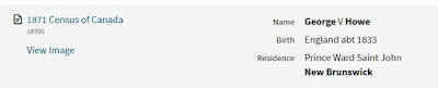 Top search result from Ancestry for George B. Howe, born 1833 in New Brunswick, with wife Margaret, son Charles, and daughter Carra.