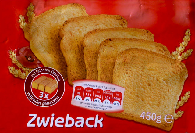 Zwiebackverpackung: "mit feinsten Zutaten 3 x vollendet gebacken" ...