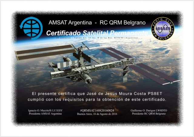 Certificado Satelital nº 24 - AMSAT Argentina RC QRM Blegrano