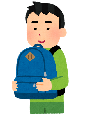 Illustration of a person (male) holding a backpack in front of them.