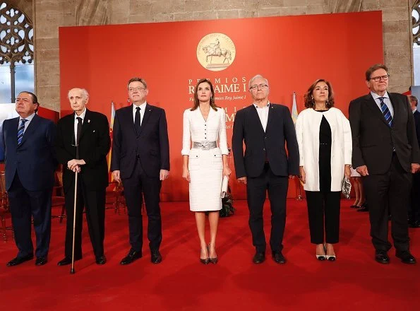 Queen Letizia wore Felipe Varela dress and Magrit shoes, carried Felipe Prieto cluth bag, Felipe Varela silver belt