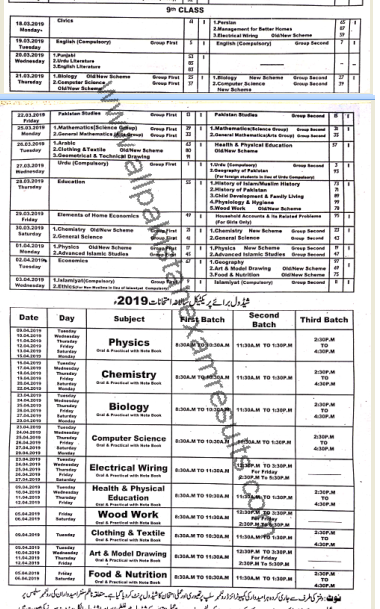 BISE Multan 9th Class Date Sheet 2019