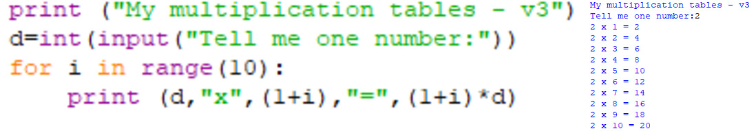 python multiplication tables