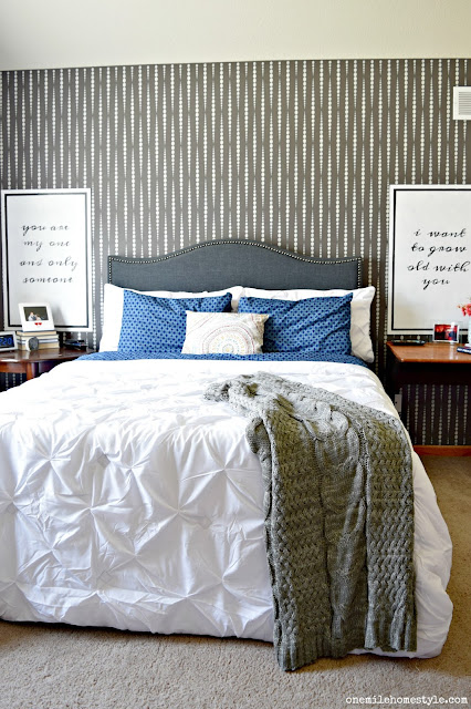 Grey and White Bold Neutral Master Bedroom Makeover With Navy Blue Accents