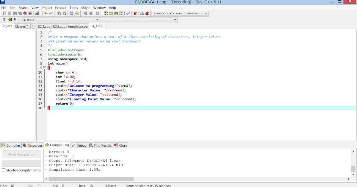 1. Program that prints a text of 4 lines consisting of characters ...