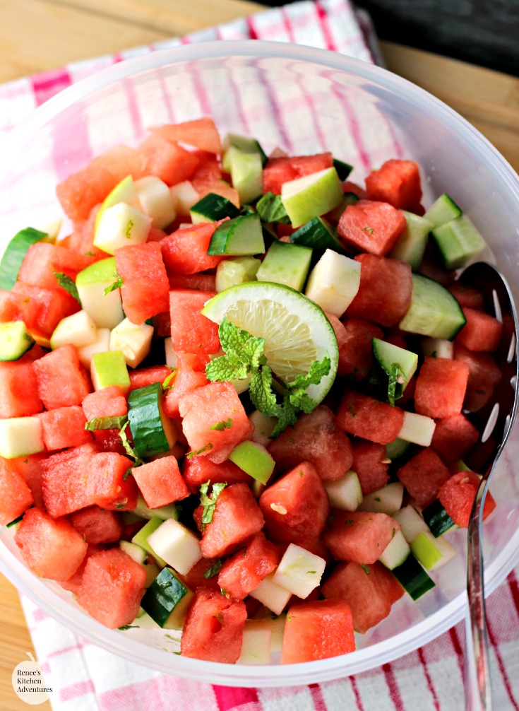 Easy Summer Fruit Salad | by Renee's Kitchen Adventures - a healthy and easy recipe for watermelon, apples, and cucumber accented with lime and mint. So refreshing!