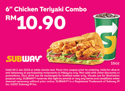 Subway e-Coupon: 6" Chicken Teriyaki Combo RM10.90 Subway e-Coupon: 6" Chicken Teriyaki Combo RM10.90