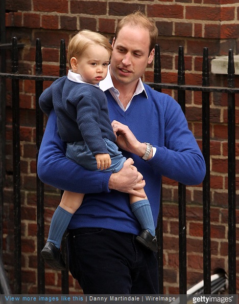 Prince William, Duke of Cambridge and Prince George arrive at the Lindo Wing after it was announced that the Duchess of Cambridge has given birth to a baby girl at St Mary's Hospital
