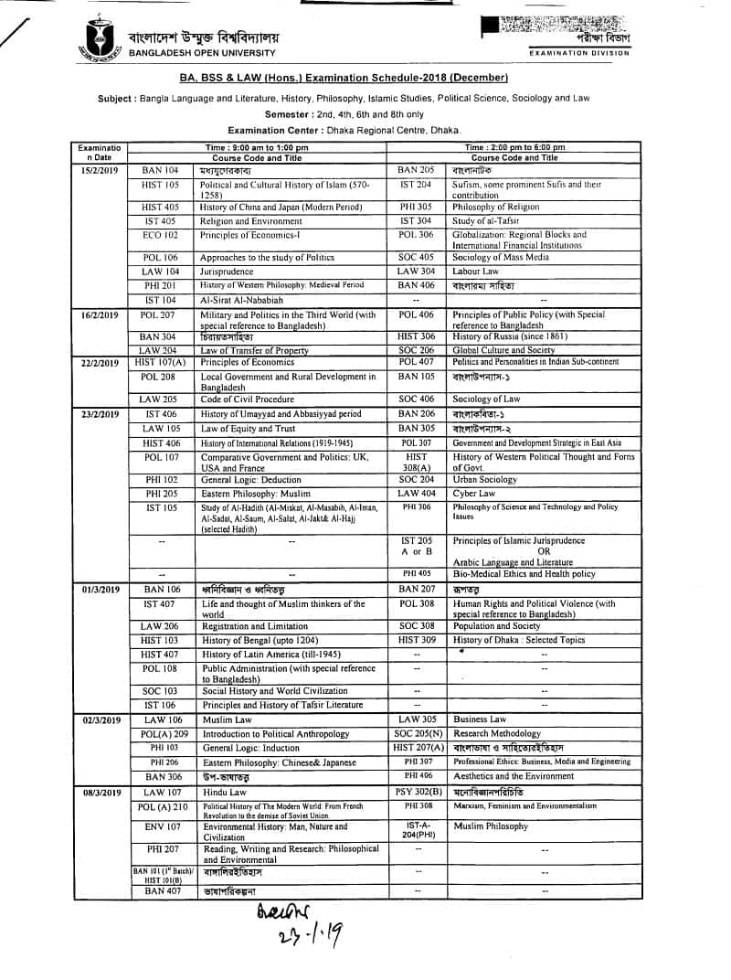 Bangladesh Open University BOU BA/BSS Exam Routine 2019