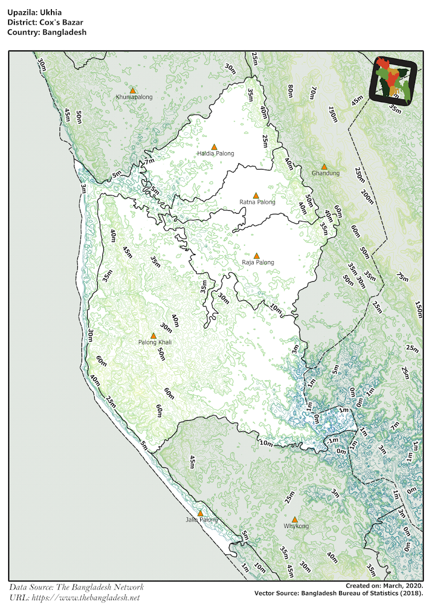 Ukhia Upazila Elevation Map Cox's Bazar District Bangladesh
