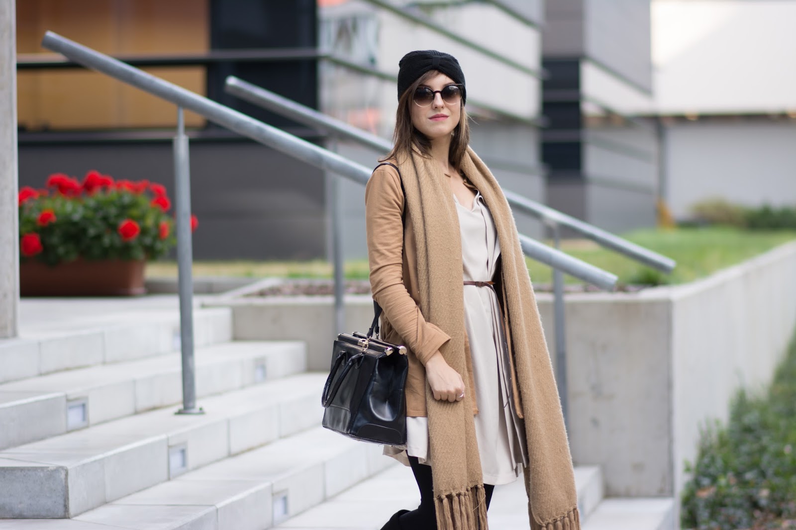 Blogger street style outfit Camel blazer, simple dress, big woolen coat, overknee boots and turban hat