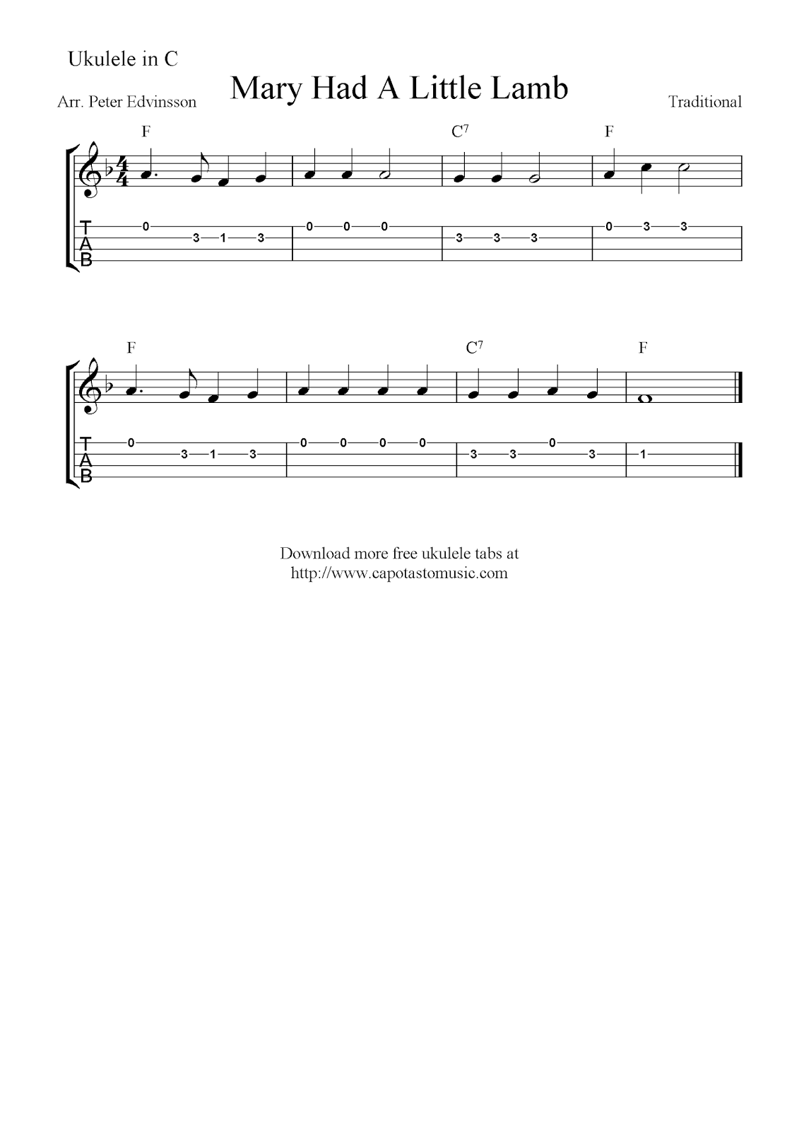 Easy Sheet Music For Beginners Mary Had A Little Lamb, free ukulele